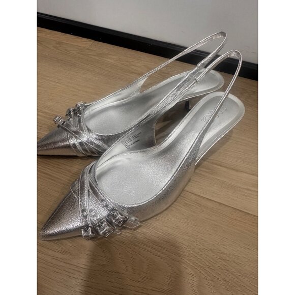 Silver Slingback Pointed-Toe Heels With Embellished Straps 2-Inch Kitten Heel By - Picture 3 of 8